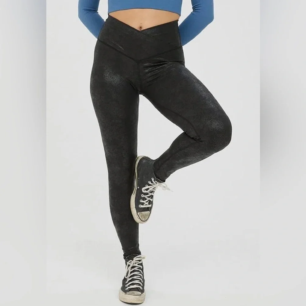 Offline Aerie Crossover High Waisted Crackle Leggings Black - XS/TP - Picture 2 of 6